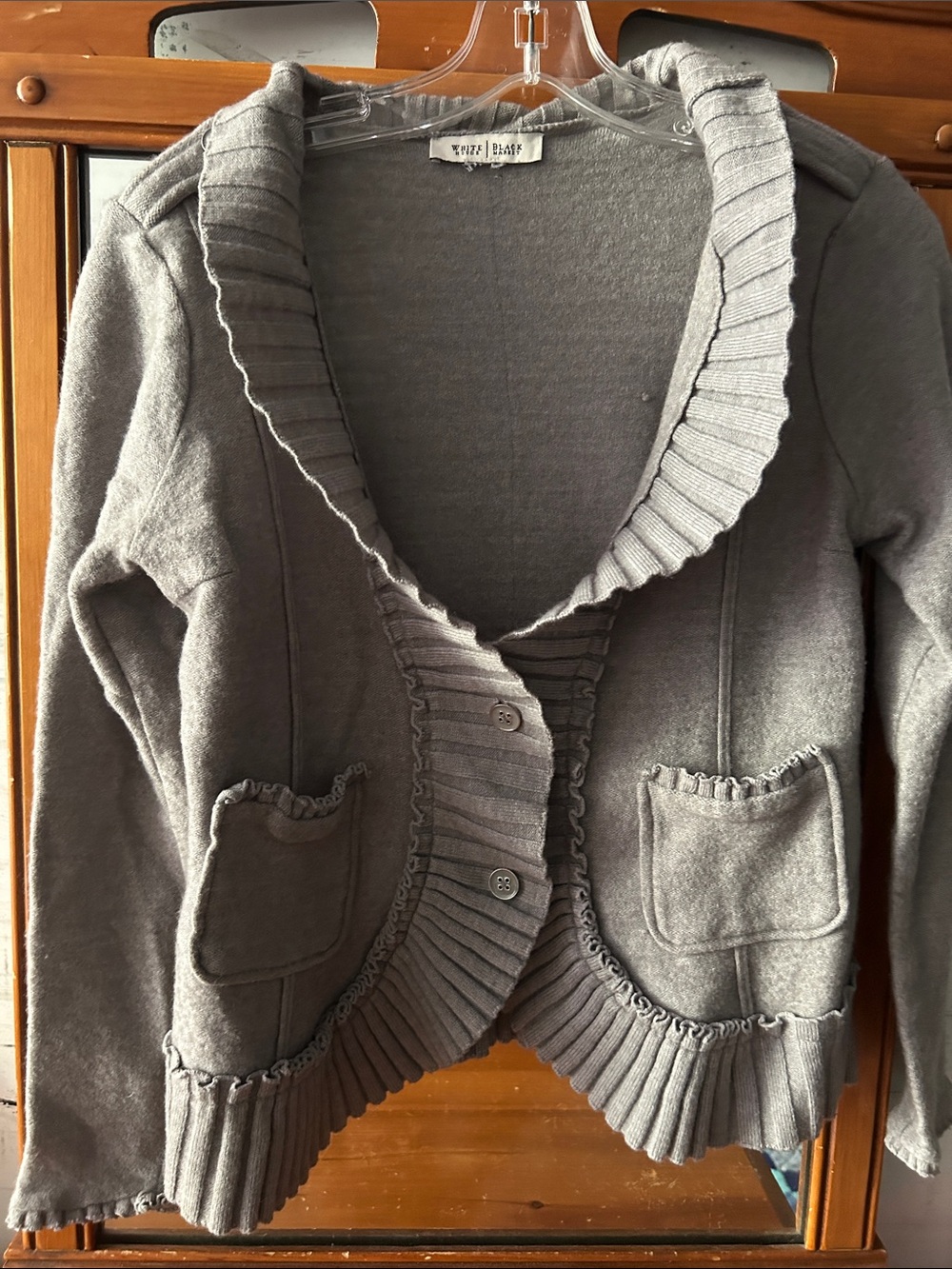 White House Black Market Gray Ruffle Trim Shawl Collar Sweater Jacket - Picture 2 of 7